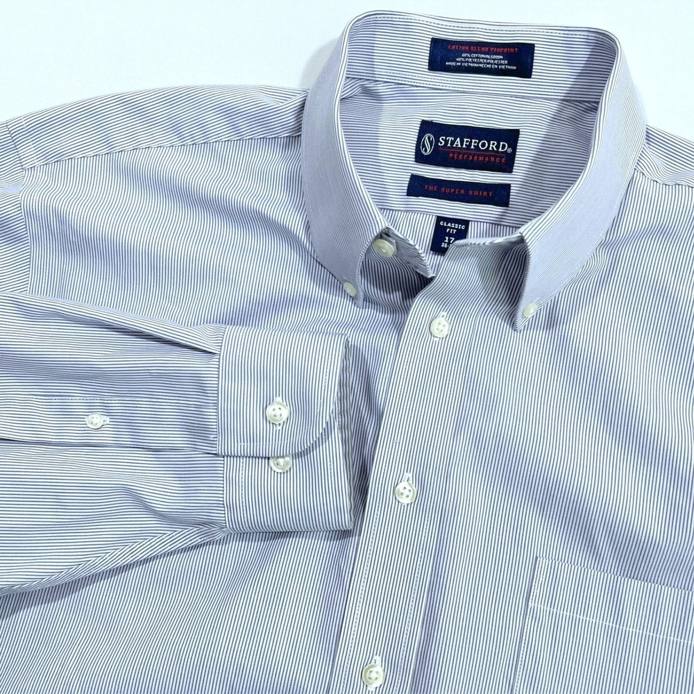 Stafford Performance Super Shirt Mens 17 36-37 Classic Fit‎ Stripe Dress Shirt